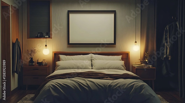 Fototapeta Modern bedroom interior with cozy bedding and a blank picture frame on the wall