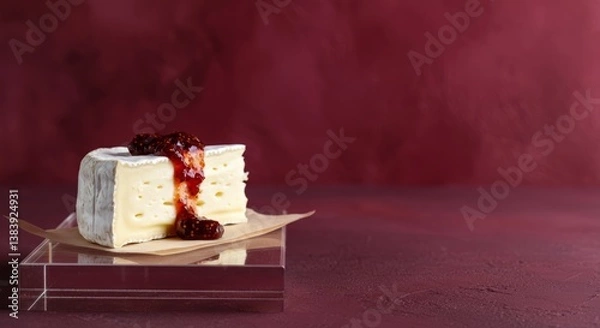 Obraz Creamy brie cheese with raspberry jam on clear stand against red background
