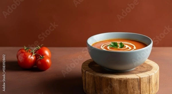Obraz Creamy tomato soup in blue bowl with fresh tomatoes on rustic wooden stand