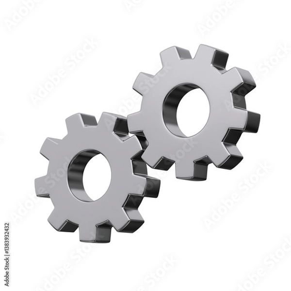 Obraz Two silver metal gears isolated. Settings icon concept. 3d rendering