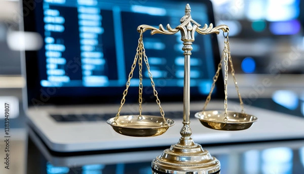 Fototapeta Justice scales on a desk with a laptop displaying data in the background