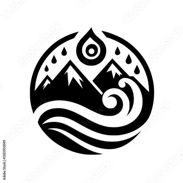 Fototapeta Mountain and Wave Black & White Logo Design