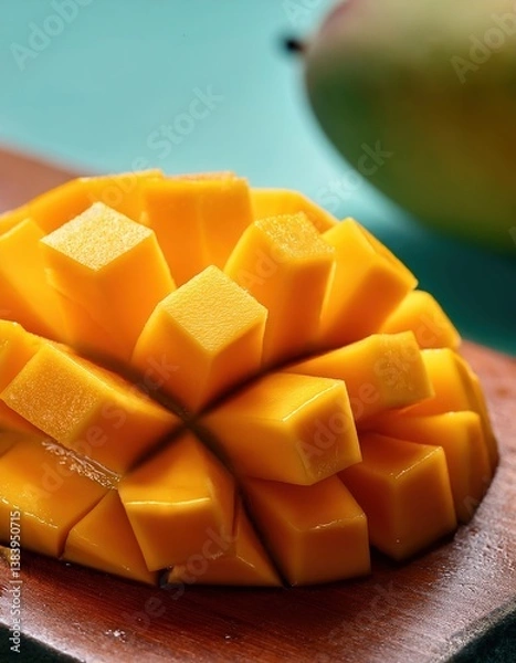 Fototapeta Vivid mango slices arranged beautifully, capturing seasonal essence and freshness in each bite.