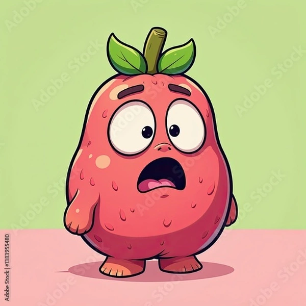 Fototapeta Cartoon Red Fruit Character with Surprised Expression on Vibrant Green and Pink Background. A cartoon fruit character with a surprised expression.
