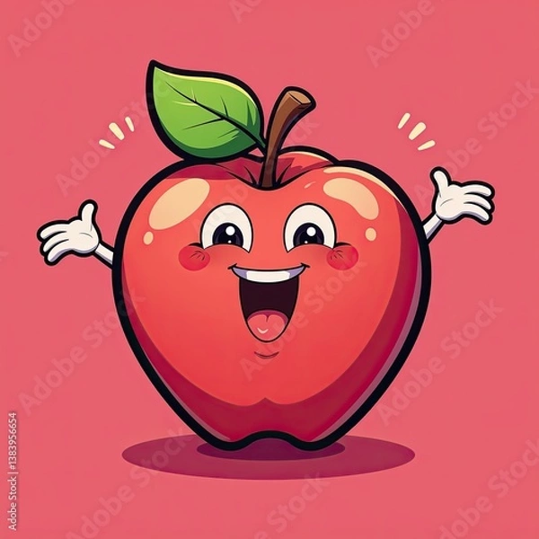 Obraz Vibrant Cartoon Red  Character with Green Leaf on Soft Pink Background. A cartoon red  with a green leaf on its head.