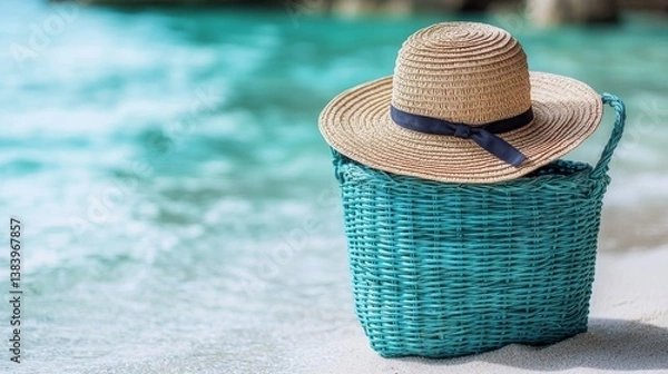 Obraz A blue beach bag sits on the sand with a straw hat on top, and the ocean behind