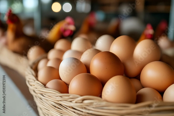Obraz Fresh Eggs from the Farm: A basket brimming with free-range eggs, laid by happy hens in a rustic setting. Wholesome goodness straight to your table!
