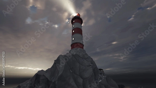 Fototapeta Lighthouse on a rock at stormy sea at night. 3d Rendering