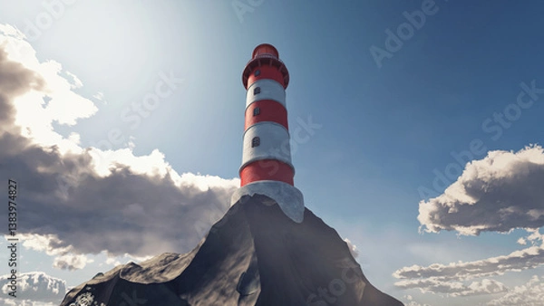 Fototapeta Lighthouse on a rock at sunny day in the ocean. 3d Rendering