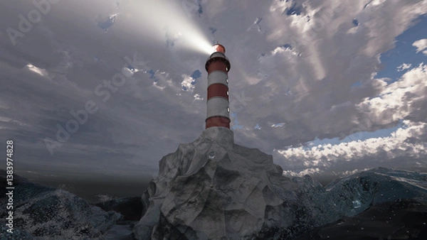 Fototapeta Lighthouse on a rock at stormy ocean at night. 3d Rendering