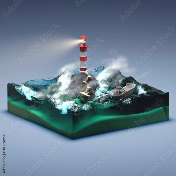 Fototapeta Lighthouse on a rock with ship in a stormy sea. Isometric View. 3D Rendering