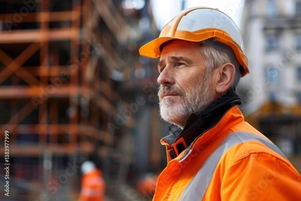 Fototapeta Portrait of a middle aged Caucasian male engineer on construction site