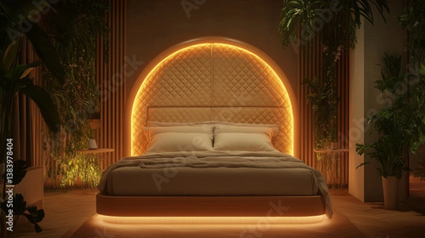 Obraz Modern floating bed with quilted headboard and ambient lighting – biophilic interior design