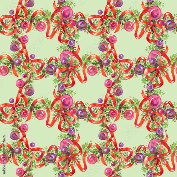 Fototapeta Christmas watercolor seamless pattern with pink violet red bow and ornaments, new year background
