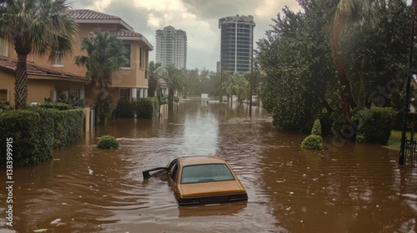 Fototapeta Flooded street with submerged car after hurricane rainfall