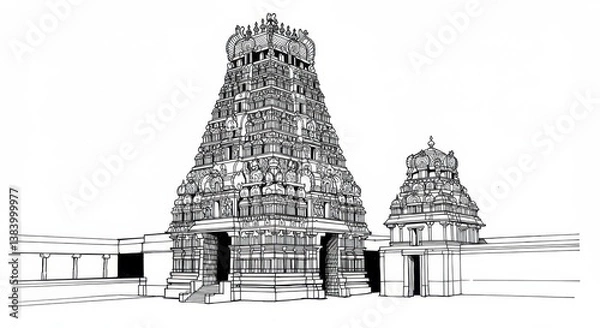 Fototapeta Black and White Line Drawing of Meenakshi Temple Towers