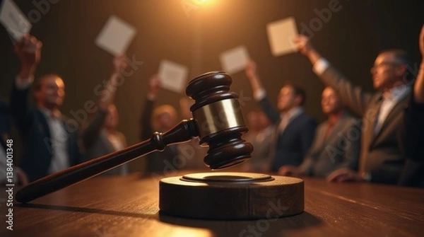 Obraz A close-up of a gavel striking a sound block, with dramatic lighting and a blurred background of bidders raising bid cards, capturing the intensity of an auction.