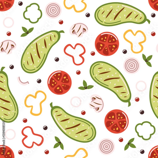 Fototapeta Vector seamless seasonal pattern with zucchini, mushrooms and tomatoes on the grill. Bbq party