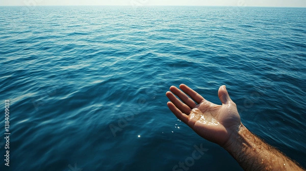 Fototapeta  A hand reaches out above calm, vast ocean water, symbolizing hope, struggle, and survival amidst drowning, evoking a modern, emotional concept of overcoming despair