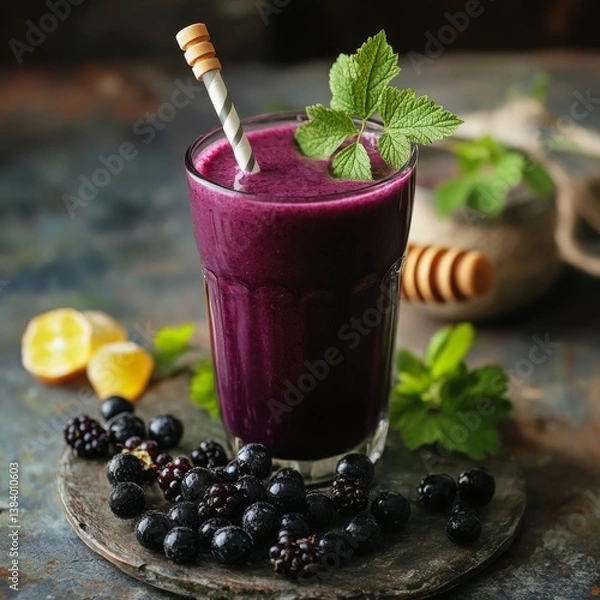 Fototapeta Rustic black currant smoothie with honey and milk.