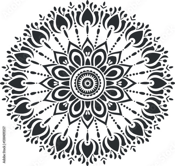 Obraz Intricate black and white mandala design with floral and geometric patterns in a circular form.