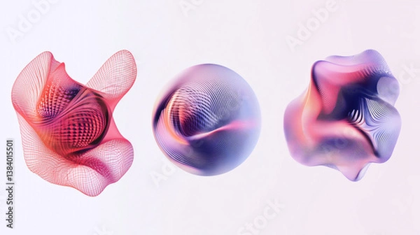 Fototapeta A set of glitched and distorted spheres morphs organically, showcasing the concept of data visualization and generative computer art.