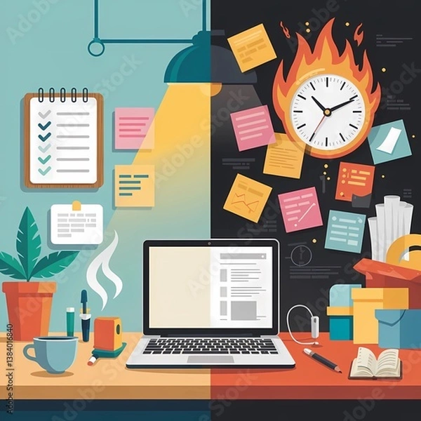 Fototapeta Split Flat Illustration of a Work Desk Showing Calm and Chaos  