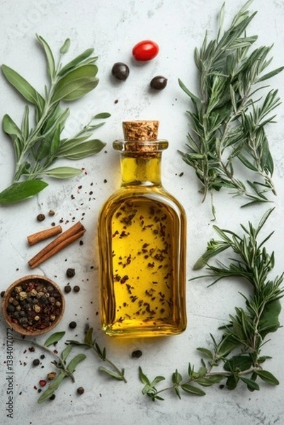 Fototapeta A variety of herbs, spices and essential oils in a bottle with wooden spoon for cooking or natural remedies.