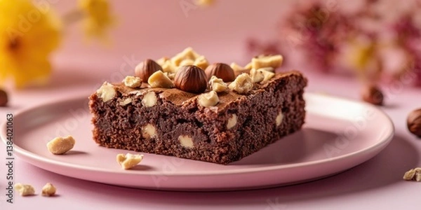 Fototapeta A piece of brownies on a pink plate. Topped with peanuts and a drizzle of chocolate syrup, this dessert is rich and nutty.