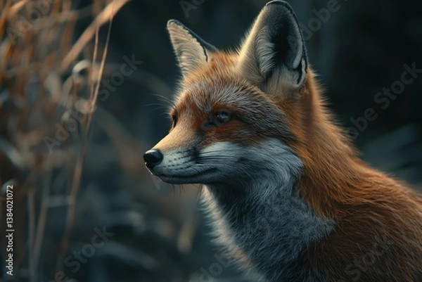 Fototapeta The image showcases a red fox sitting on fallen leaves with its nose to the ground, seemingly sniffing or tasting something. The focus is softly blurred in the background, emphasizing the sharpness