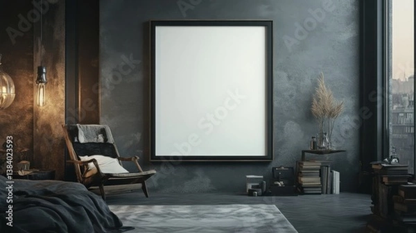 Fototapeta a bedroom with a large picture frame on the wall