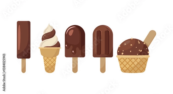 Fototapeta Set of chocolate ice-cream in flat style. Hand drawn cartoon stylisation. Summer vector illustration. Cocoa cold desserts. Chocolate day concept