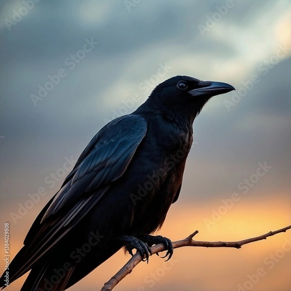 Obraz a black raven on a branch against a cloudy sky