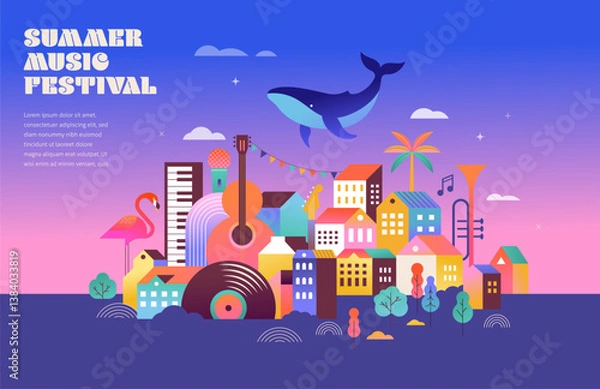 Fototapeta Colorful geometric summer music festival background, poster, banner. Summer time fun concept design promotion design. Vector illustration