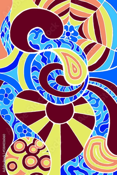 Fototapeta a trippy pattern inspired by the 1960's. with the colours blue purple and yellow surrounded in a white outline