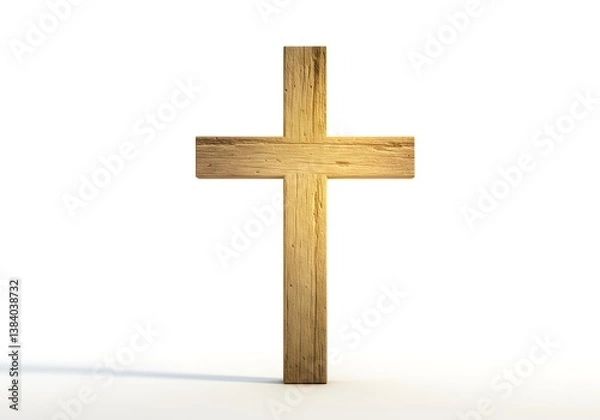 Obraz A simple wooden cross stands against a stark white backdrop, radiating warmth and tranquility. Its grain tells a story of faith and devotion.