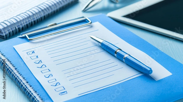 Fototapeta Clipboard vector illustration of a to-do list with pen. Page of work performed, preparation of the questionnaire, filling out documents. Organizer. Blue notebook, tablet. Check mark. Eps 10