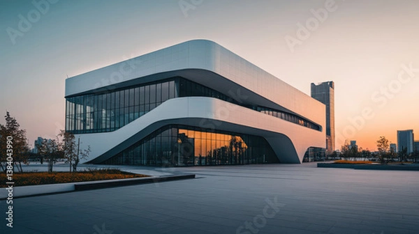 Fototapeta A striking modern building showcases innovative design with smooth curves and glass walls. Sunset casts warm light, enhancing the urban ambiance and highlighting the structure's elegance