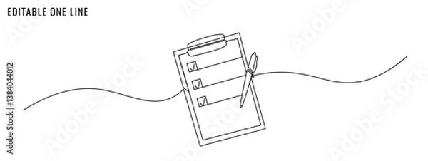 Fototapeta One continuous line drawing of clipboard with checklist. Text, report, exam, to do list concept. Editable stroke, vector illustration