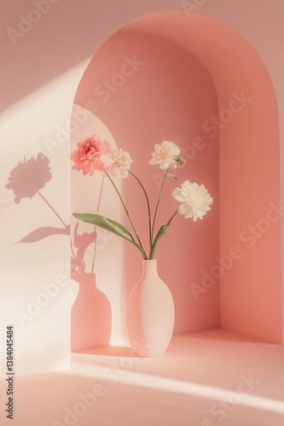 Obraz Soft Pink Still Life With Flowers and Archway Shadow Play