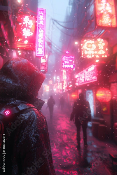 Obraz Cyberpunk Street with Neon Signs and Rain