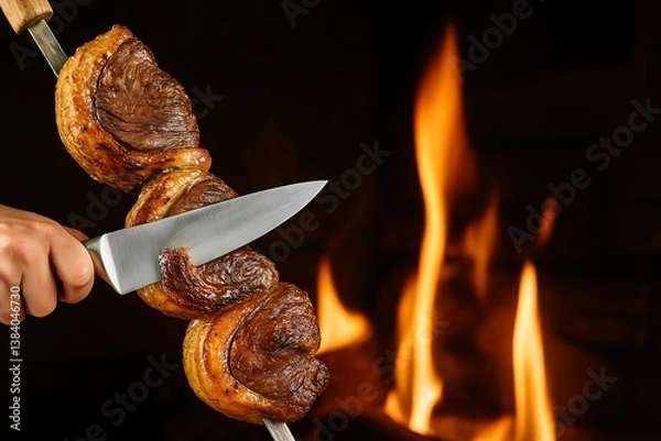 Obraz Brazilian Barbecue Delight: A tantalizing close-up of a juicy cut of roasted meat being expertly sliced from a skewer, with a vibrant backdrop of fiery flames. churrasco brasileiro churrascaria 