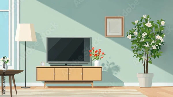 Fototapeta TV on cabinet in modern living room with lamp,table,flower and plant on light Blue wall background,3d rendering