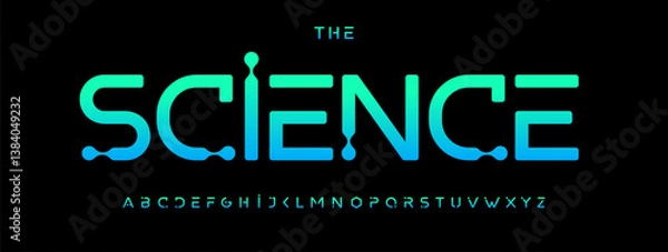 Fototapeta Modern Science Font with Liquid Molecule-Inspired Shapes and Blue Gradient Style on Dark Background. Ideal for Technology, Medical, or Education Projects. Vector typeset.