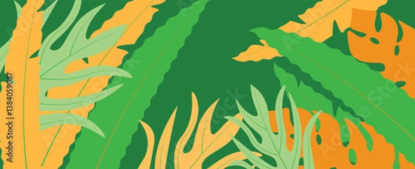 Fototapeta Summer horizontal background with bright abstract tropical leaves. Modern art minimalist style design template for sales, horizontal poster, header, cover. vector