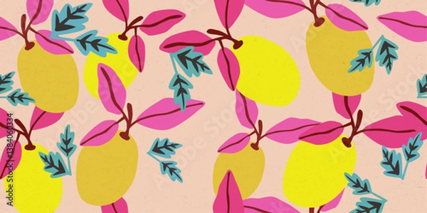 Fototapeta The lemons are depicted in shades of yellow and gold, while the leaves are a vibrant pink and turquoise. The branches are thin and dark red, adding a touch of contrast to the overall design.