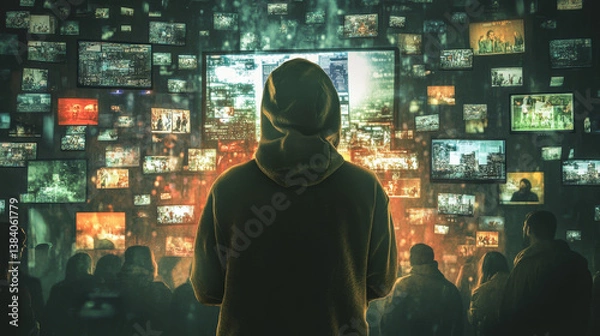 Fototapeta Fake news on social media. Social media manipulation and disinformation. Man using laptop computer to post on social media.