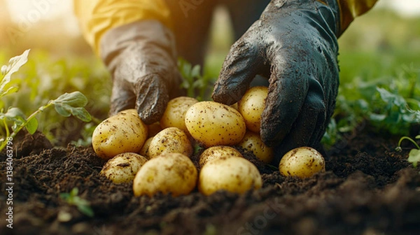 Fototapeta A closeup front view of a pile of freshly picked potatoes drying in the sun, symbolizing hard work, harvest, and natural processes of agriculture, isolated on a clean, modern background.

