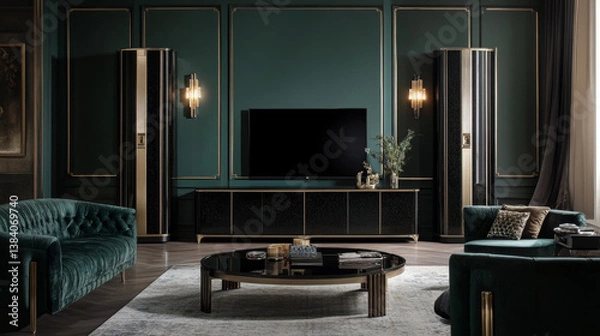 Fototapeta Living room with cabinet for tv on dark green color wall background.3d rendering