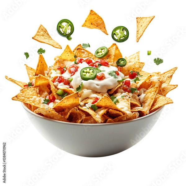 Obraz A Bowl of Crispy Nachos with Melted Cheese and Jalapenos Isolated on Transparent Background